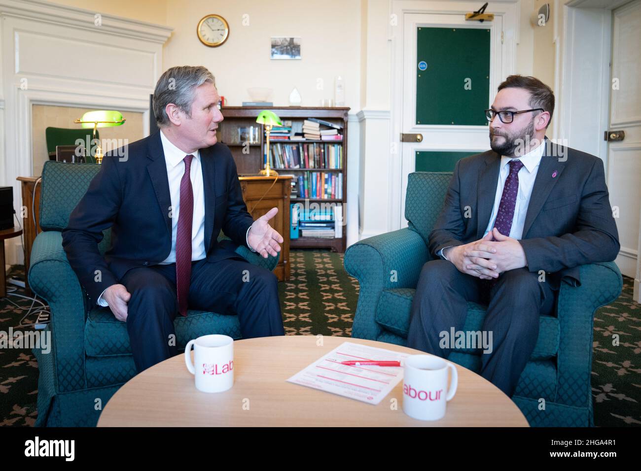 Labour leader Sir Keir Starmer with Bury South MP Christian Wakeford, who has defected from the Conservatives to Labour, in his office in the Houses of Parliament, Westminster. Picture date: Wednesday January 19, 2022. Stock Photo