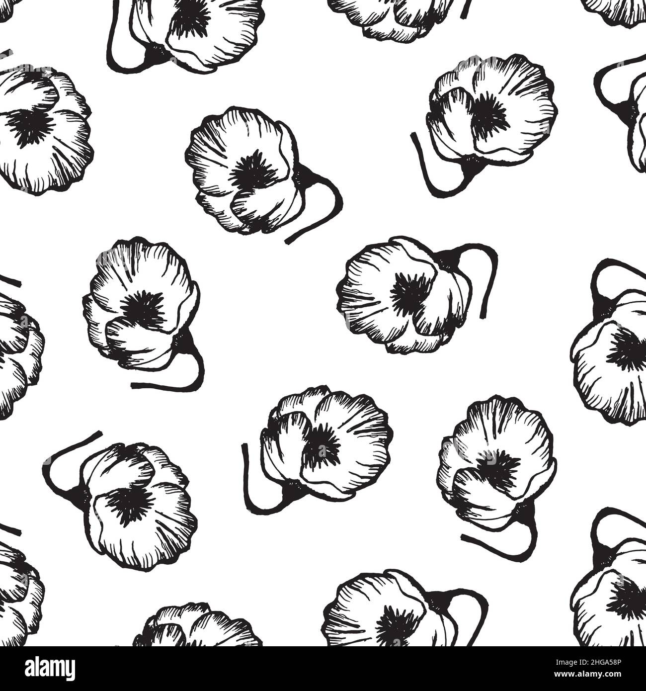 Hand drawn black and white seamless pattern with flower silhouette ...