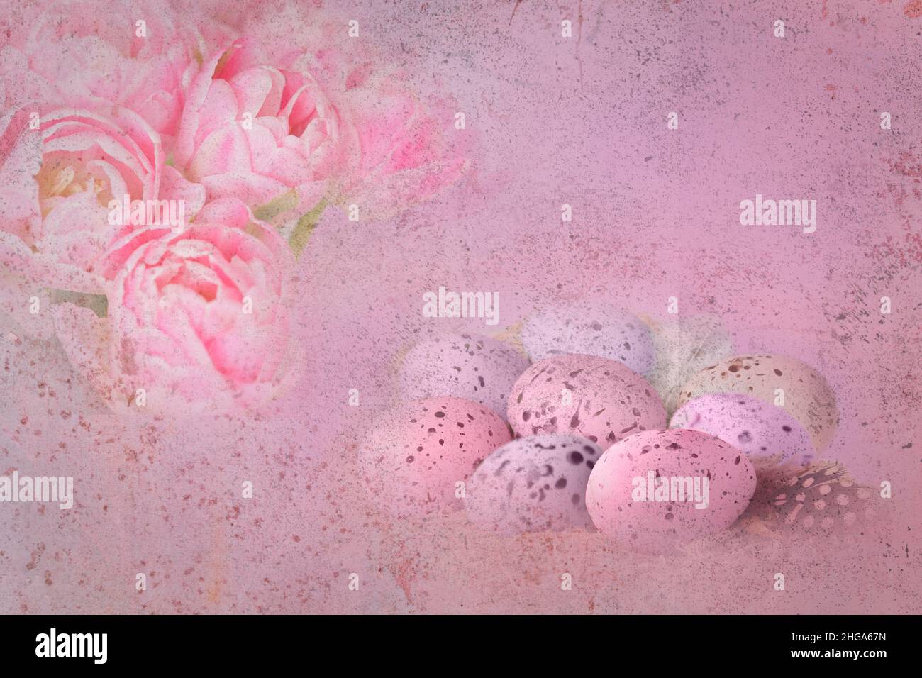 Easter eggs and pink tulip flowers with copy space, nostalgic background template for happy easter greetings. Stock Photo