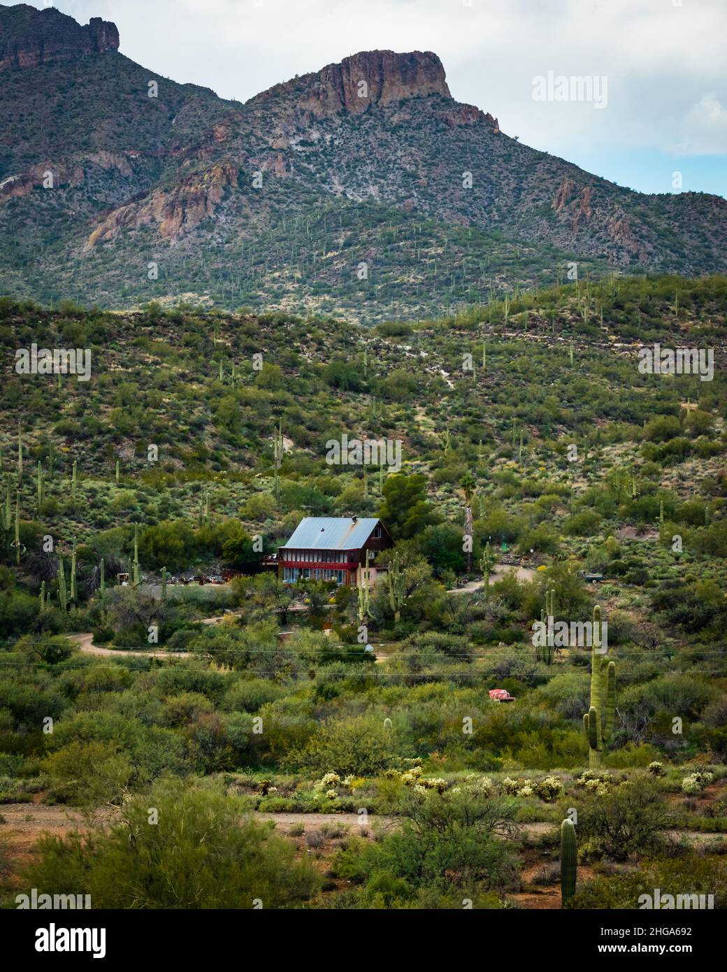 Secluded wooden house in the mountains of Cave Creek near horse ranch in Arizona, United States. Stock Photo