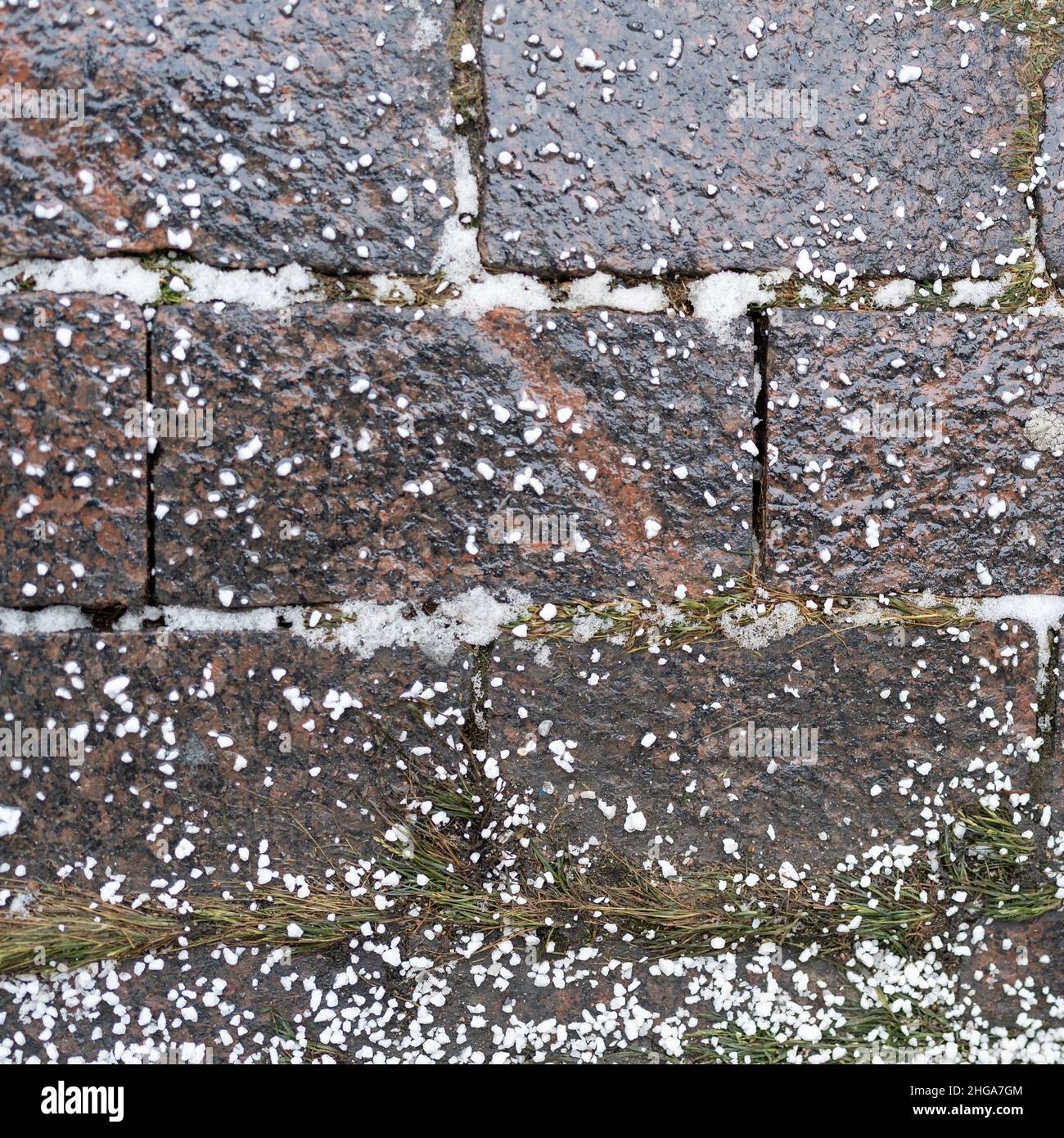 Above view of reagent or technical salt used for melting ice and snow