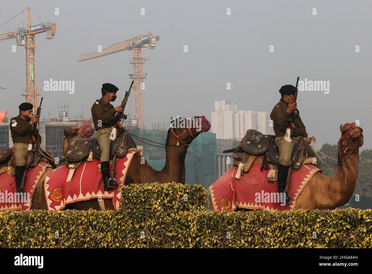 New Delhi, New Delhi, India. 19th Jan, 2022. Indian soldiers on camel back take part in a rehearsal ahead of the Beating Retreat ceremony. (Credit Image: © Karma Sonam Bhutia/ZUMA Press Wire) Stock Photo