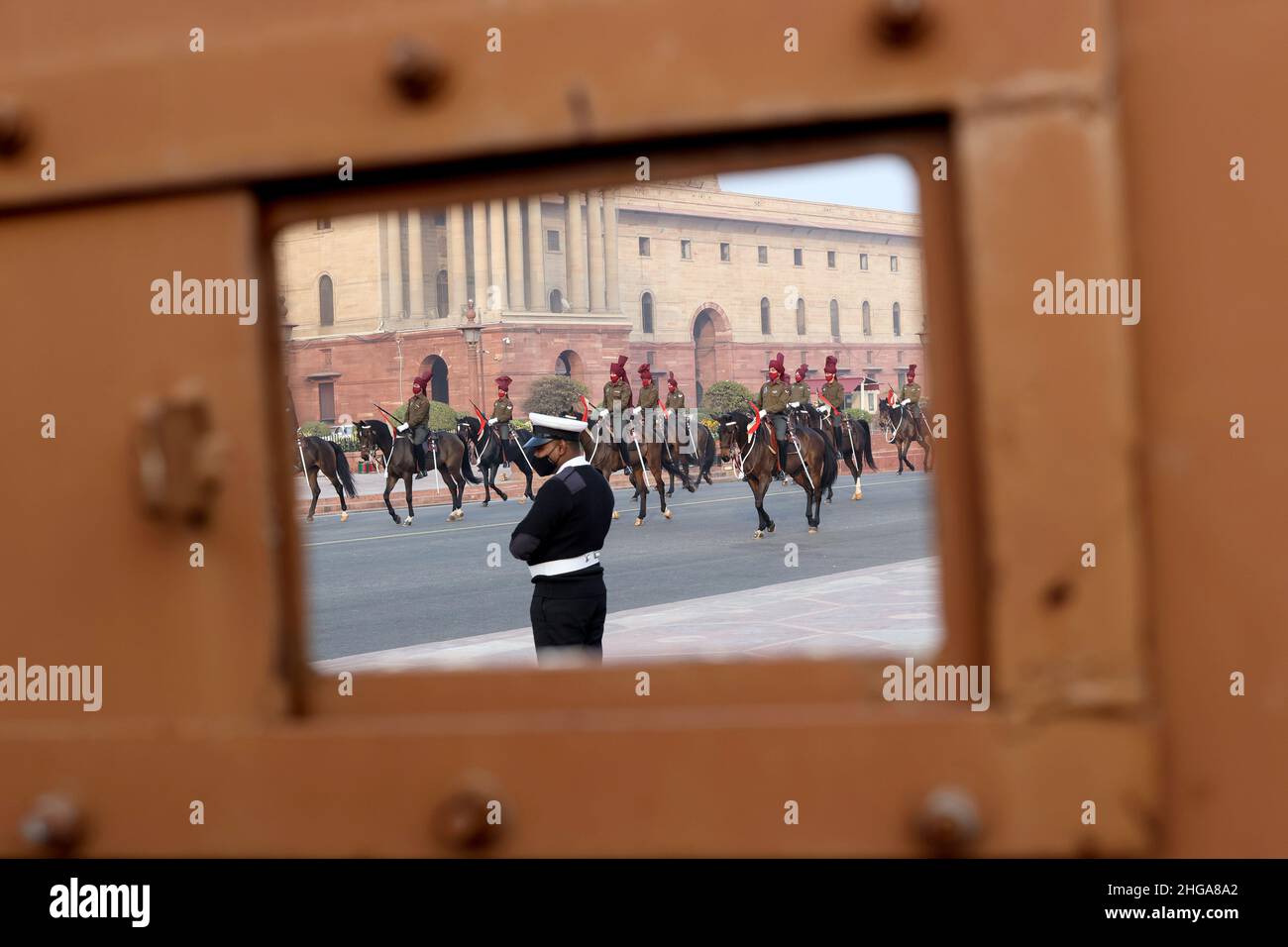New Delhi, New Delhi, India. 19th Jan, 2022. Indian Armed force personnel mounted on horse backs during rehearsals for the Beating Retreat ceremony. (Credit Image: © Karma Sonam Bhutia/ZUMA Press Wire) Stock Photo