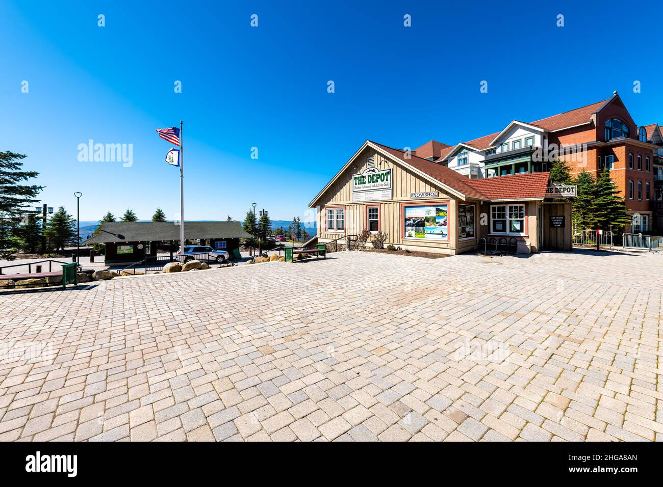 Snowshoe, USA - October 6, 2020: West Virginia small town village ski resort in autumn fall off-season with empty square street road and blue sky, sto Stock Photo