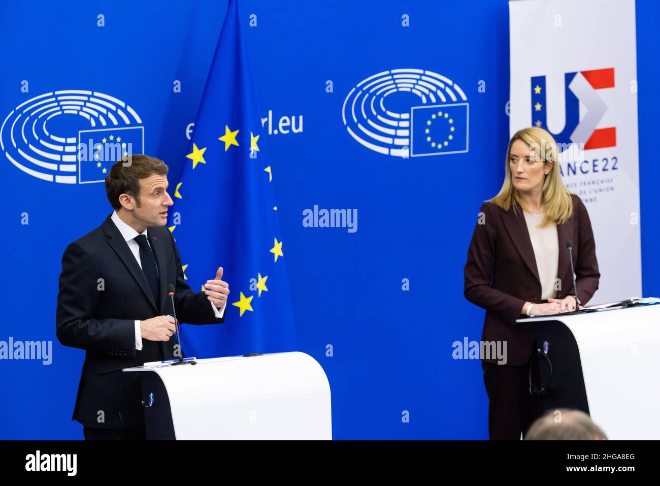 19 January 2022, France, Straßburg: Emmanuel Macron (l, LaREM), President of France, and Roberta Metsola (Partit Nazzjonalista), President of the European Parliament, stand during a press statement in the European Parliament building. During today's plenary session of the European Parliament, Emmanuel Macron presents the objectives of France's incoming presidency. Photo: Philipp von Ditfurth/dpa Stock Photo