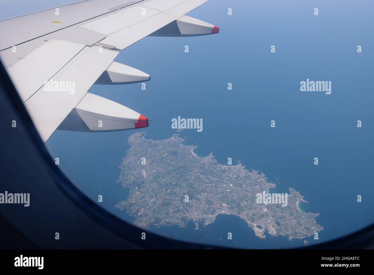 Aerial view of Guernsey viewed from a British Airways plane, UK Crown Dependency, Channel Islands, July 2021 Stock Photo