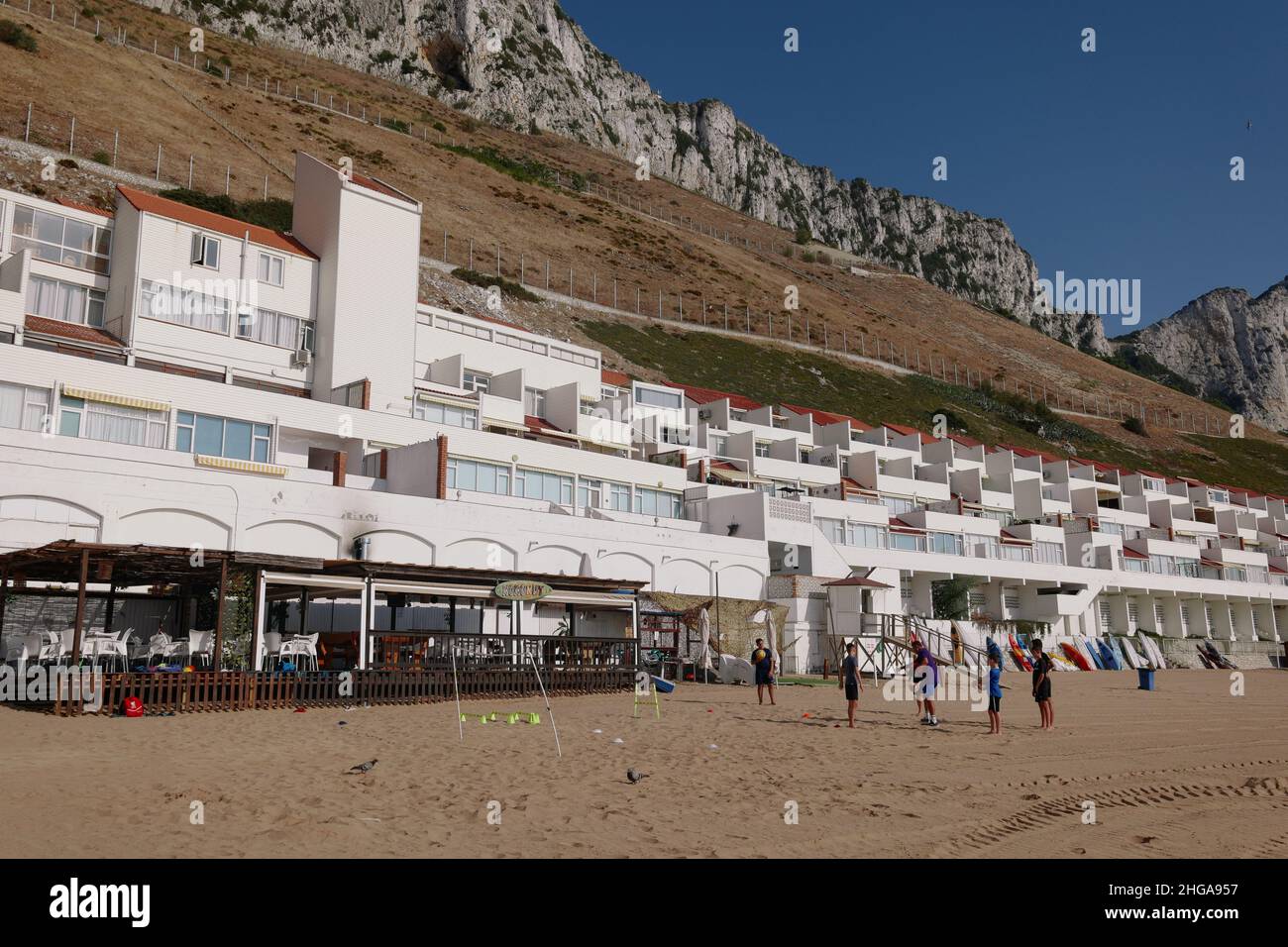 Sandy Bay, a man-made beach on the east coast of Gibraltar, Mediterranean sea, July 2021 Stock Photo