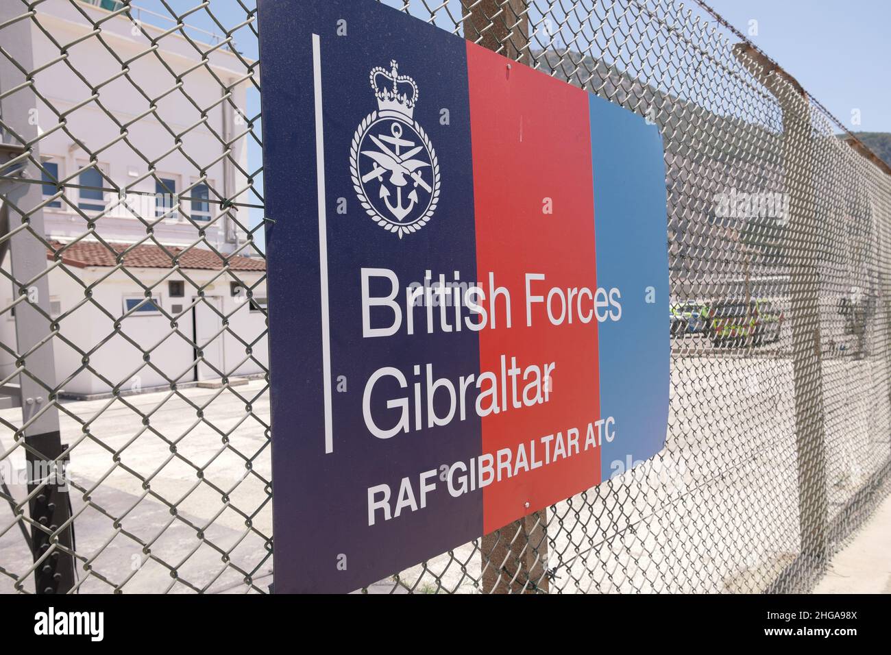 British Forces Gibraltar sign, RAF Gibraltar ATC, Gibraltar, July 2021 Stock Photo