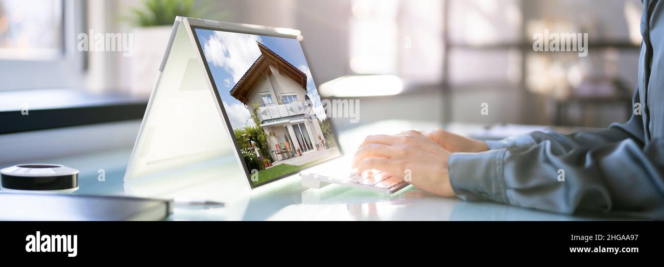 Online Real Estate Search On Computer. House List Stock Photo