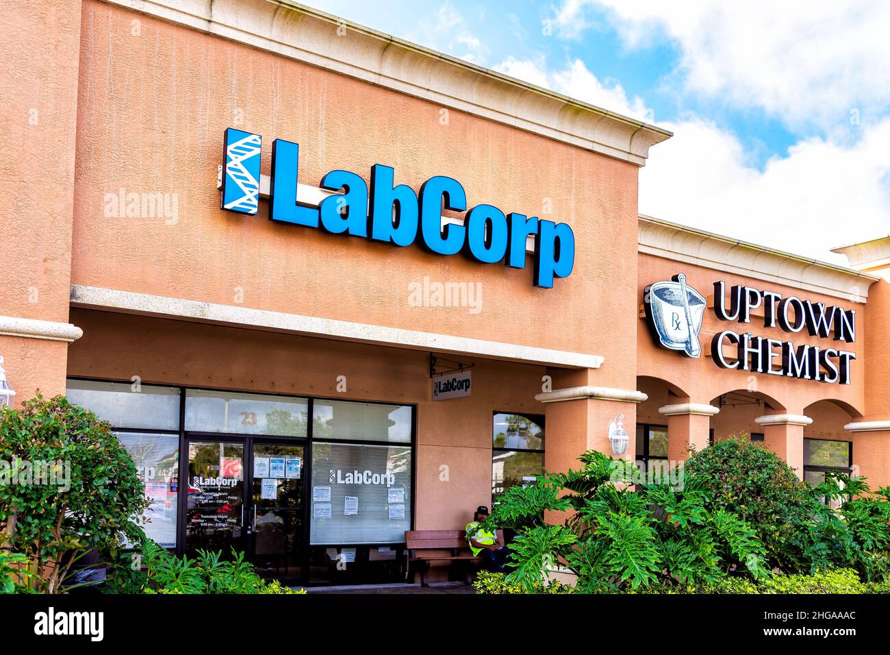 Naples, USA - January 27, 2021: Laboratory Corporation of America Holdings LabCorp office in Florida with blue sign text at entrance to strip mall bui Stock Photo