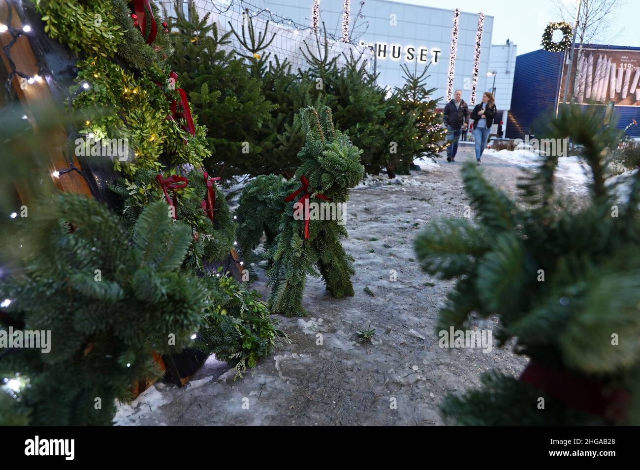 Sale of Christmas trees outside Ikea during the Friday afternoon in