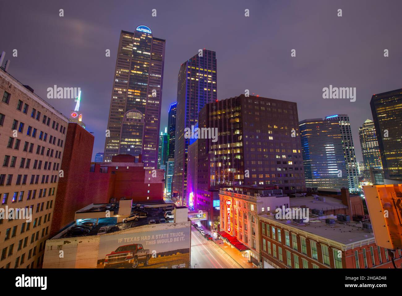 Dallas modern city skyline at night including Comerica Bank Tower at