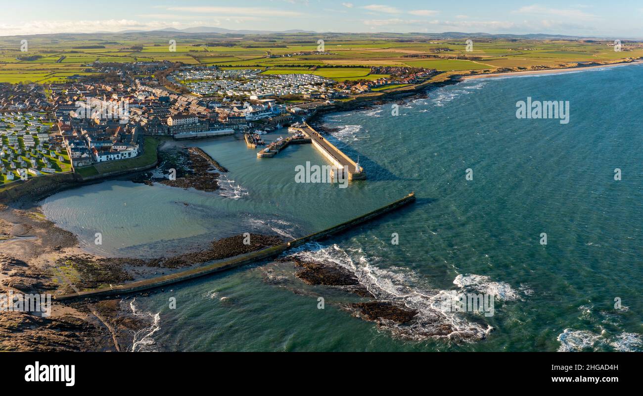 Aerial view from drone of Seahouses fishing harbour in Northumberland ...