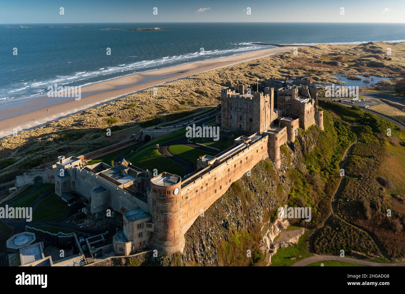Aerial view from drone of Bamburgh Castle, Bamburgh, Northumberland ...