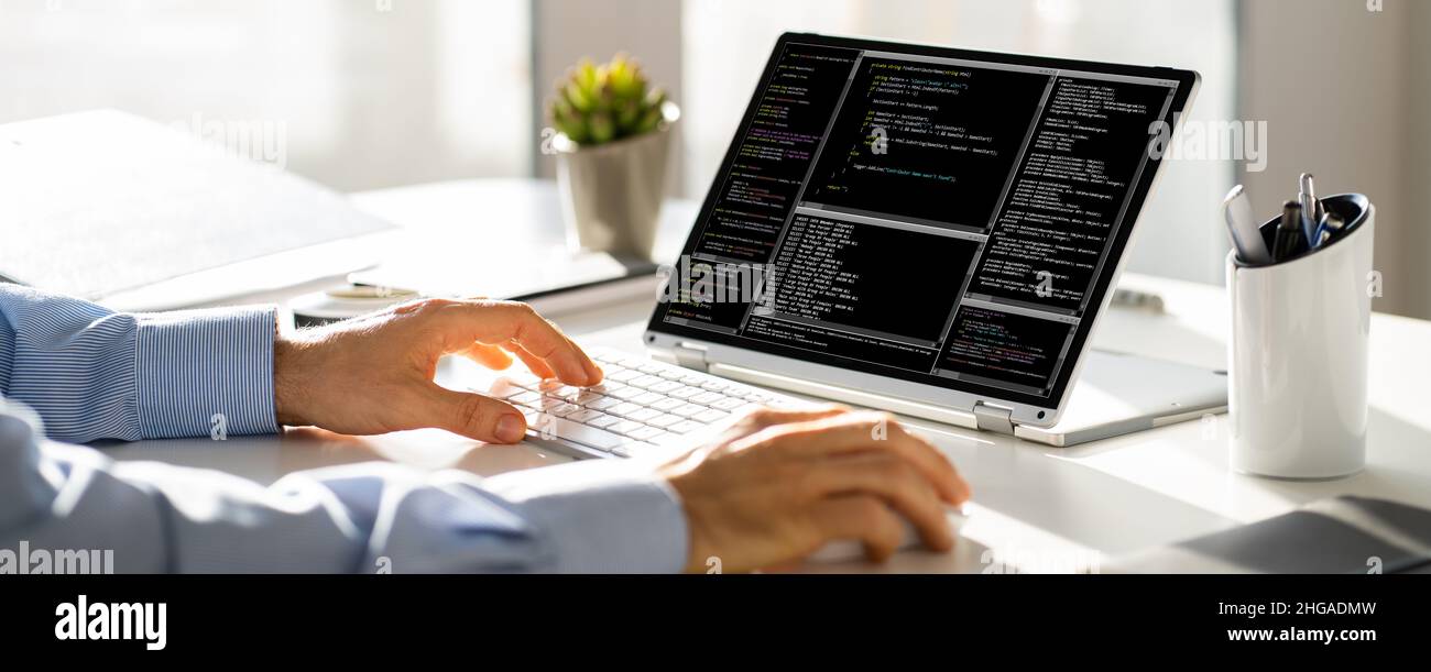 Web Development Code And Coding On Laptop In Office Stock Photo
