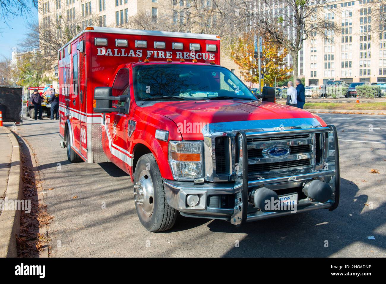 Dallas Fire Department rescue vehicle in downtown Dallas, Texas TX, USA. Stock Photo