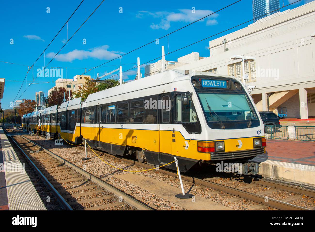 Dallas DART (Dallas Area Rapid Transit) light rail train stops at Union