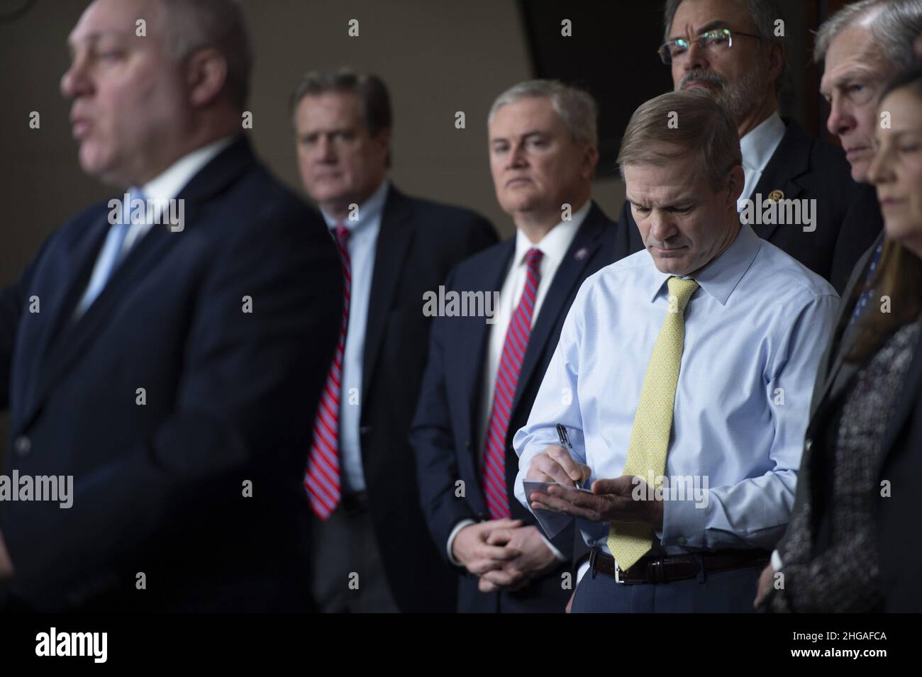 Washington, United States. 19th Jan, 2022. Rep. Jim Jordan, R-OH, takes notes as House Minority Whip Steve Scalise, R-LA, speaks during a press conference after a House Republican Caucus meeting at the US Capitol in Washington, DC on Wednesday, January 19, 2022. Photo by Bonnie Cash/UPI Credit: UPI/Alamy Live News Stock Photo