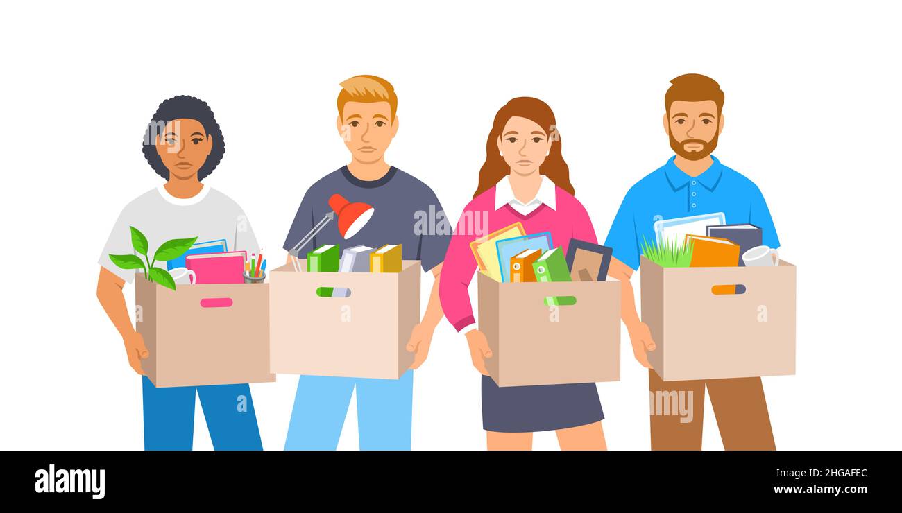 Unemployed fired people. Group of sad jobless workers holding boxes with their stuff. Unhappy upset faces worried about job loss. Unemployment during Stock Vector
