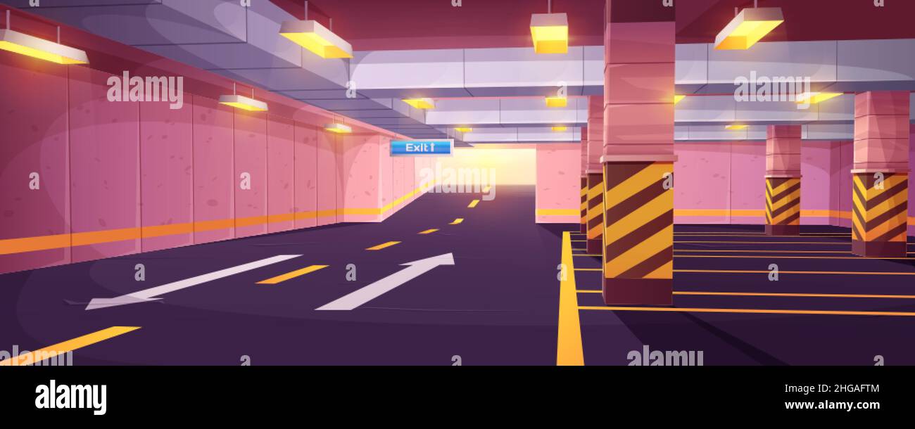Cartoon empty underground car parking. Indoor interior of garage in city shopping mall. Basement with marking road, automobile park places, columns, sign exit and guiding arrows on concrete floor. Stock Vector