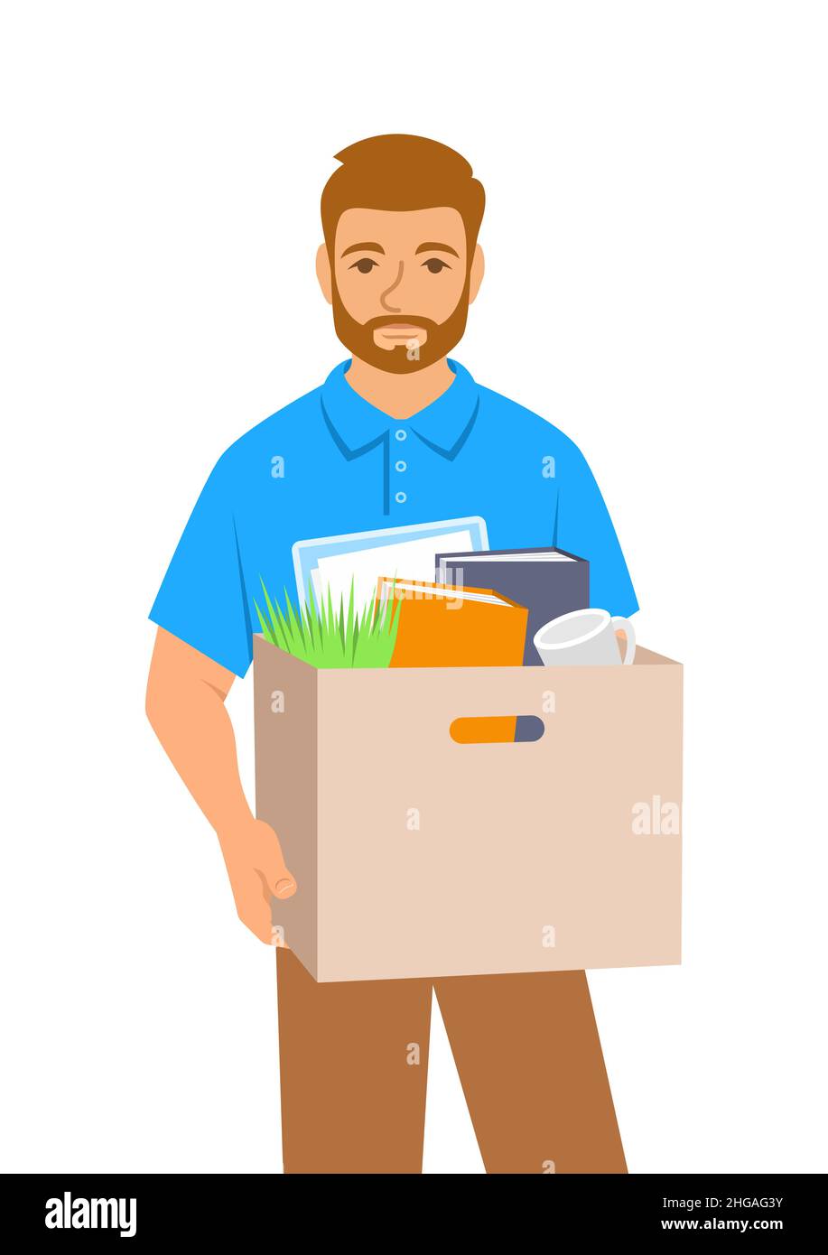 Unemployed fired young man. Sad jobless office worker holds box with personal stuff. Unhappy upset face worried about job loss. Unemployment during th Stock Vector