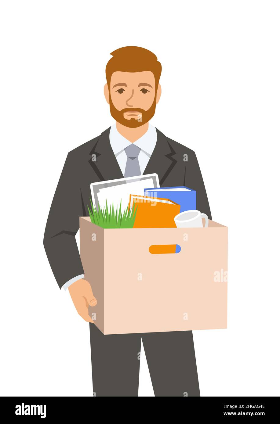 Unemployed fired man in business suit. Sad jobless office worker holds box with personal stuff. Upset face worried about job loss. Unemployment during Stock Vector