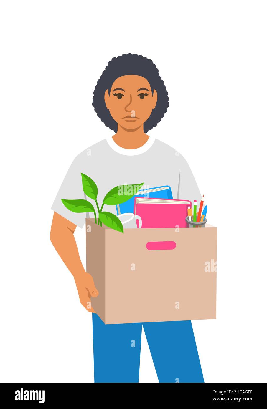 Unemployed fired black woman. Sad jobless girl holds box with personal stuff. Unhappy upset face worried about job loss. Unemployment during the econo Stock Vector