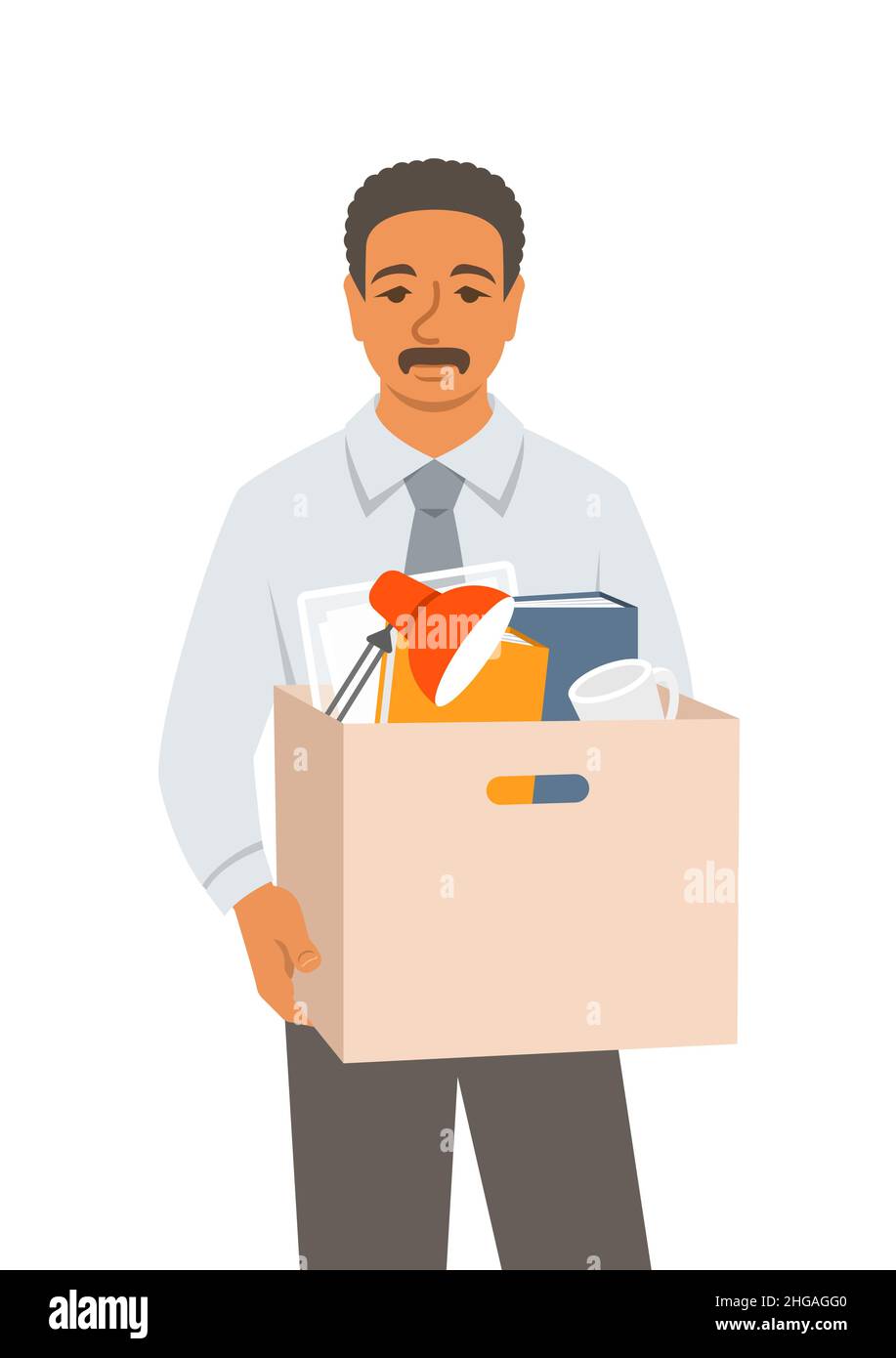Unemployed fired black man. Sad jobless office worker holds box with personal stuff. Unhappy upset face worried about job loss. Unemployment during th Stock Vector