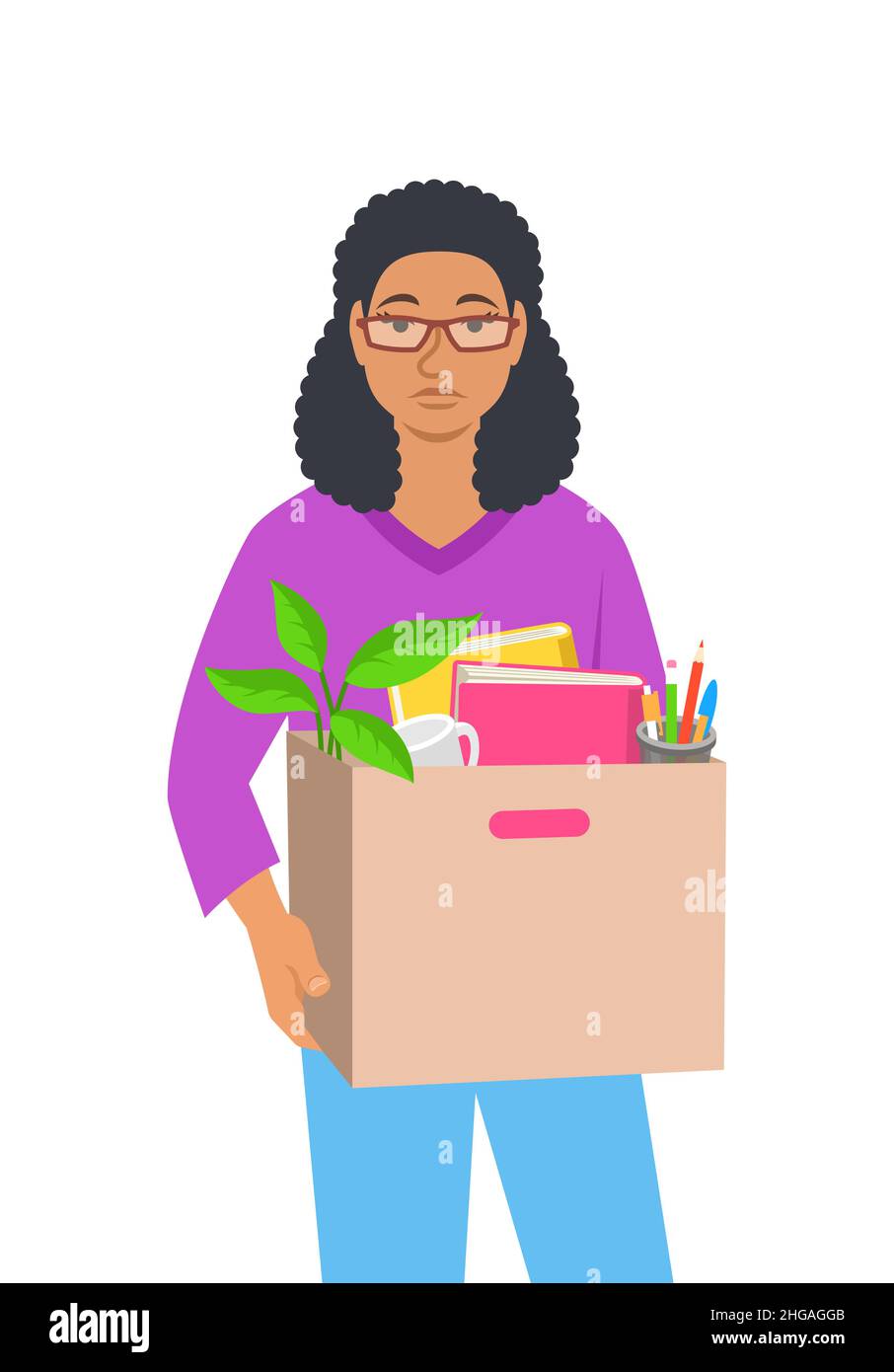 Unemployed fired black woman. Sad jobless female teacher holds box with personal stuff. Unhappy upset face worried about job loss. Staff reduction dur Stock Vector
