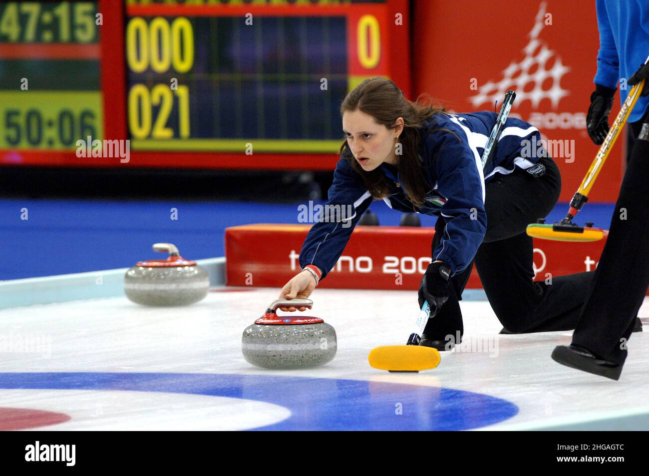 Pinerolo Italy 2006-02-19: Turin 2006 Olympic Winter Games, Italian women's team of Curling,Diana Gaspari  during the game Stock Photo