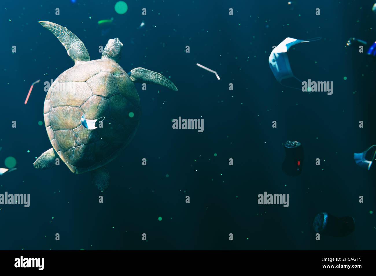 Trash pollution in ocean environmental problem. Sea Turtle swims