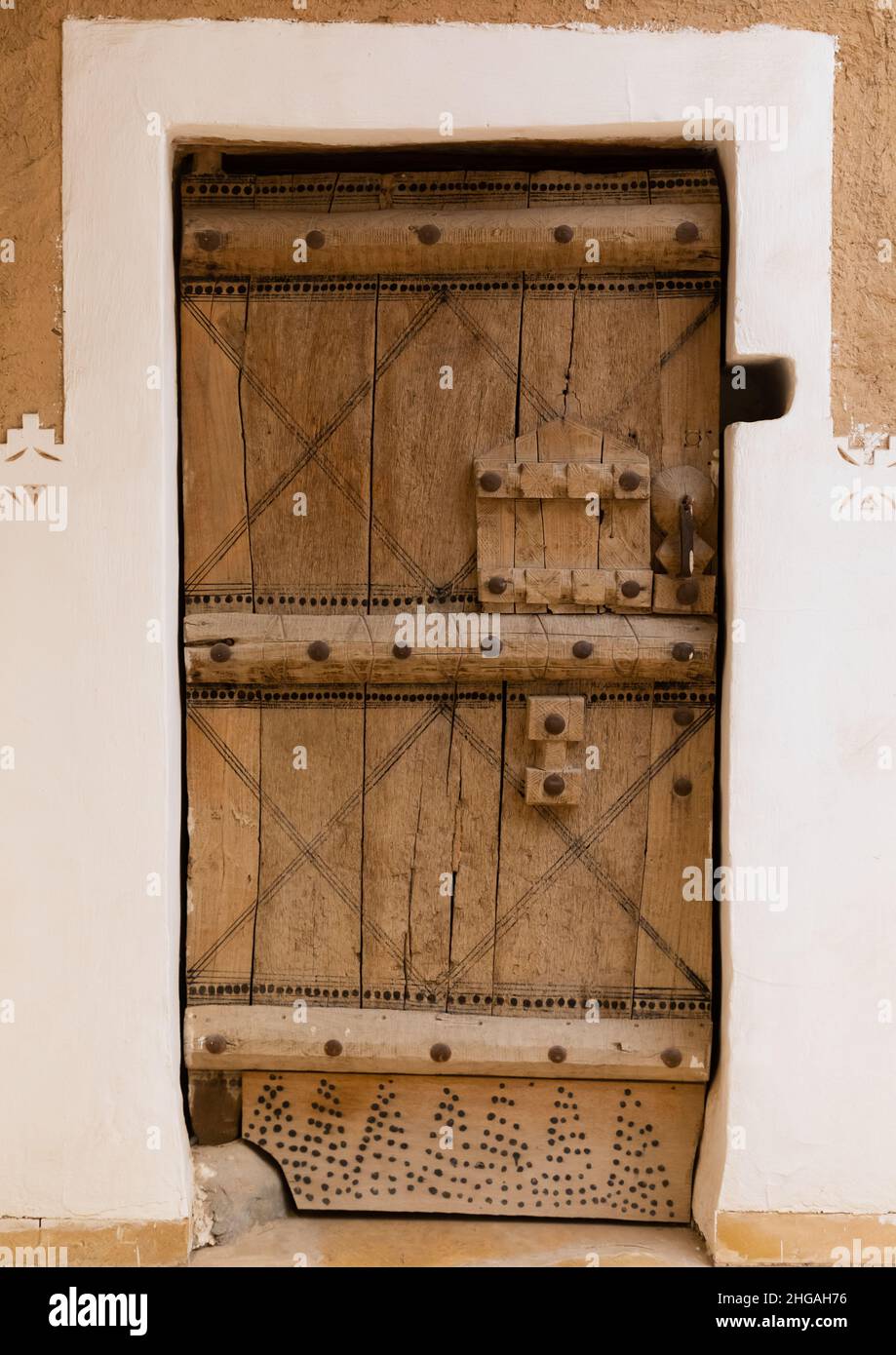 Old wooden door in Musmak fort, Riyadh Province, Riyadh, Saudi Arabia Stock Photo