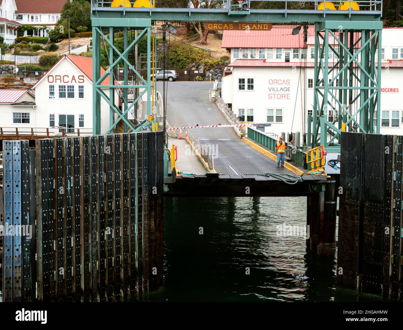 WA21168-00...WASHINGTON - Arriving at the Orcas Island ferry dock located in Orcas Village. Stock Photo