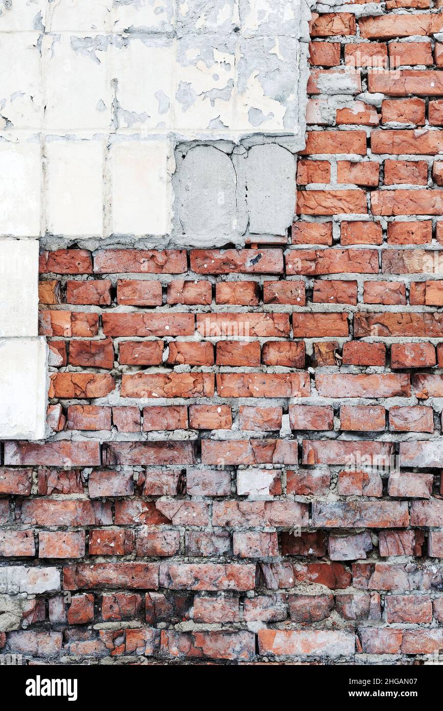 Abstract background old white brick wall with cracks and scratches ...