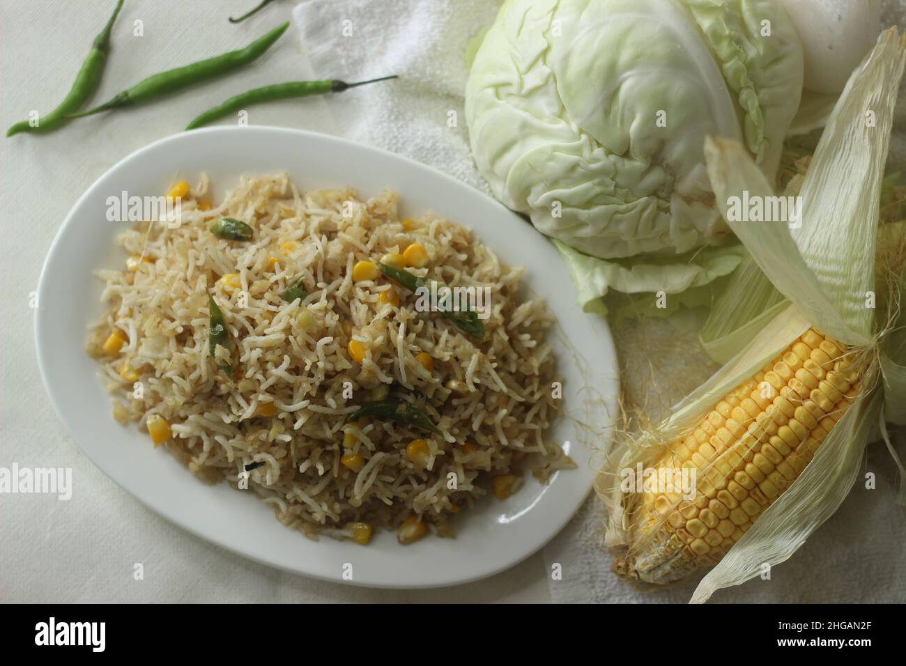 Cabbage corn fried rice. A tasty rice dish with sauteed cabbage and