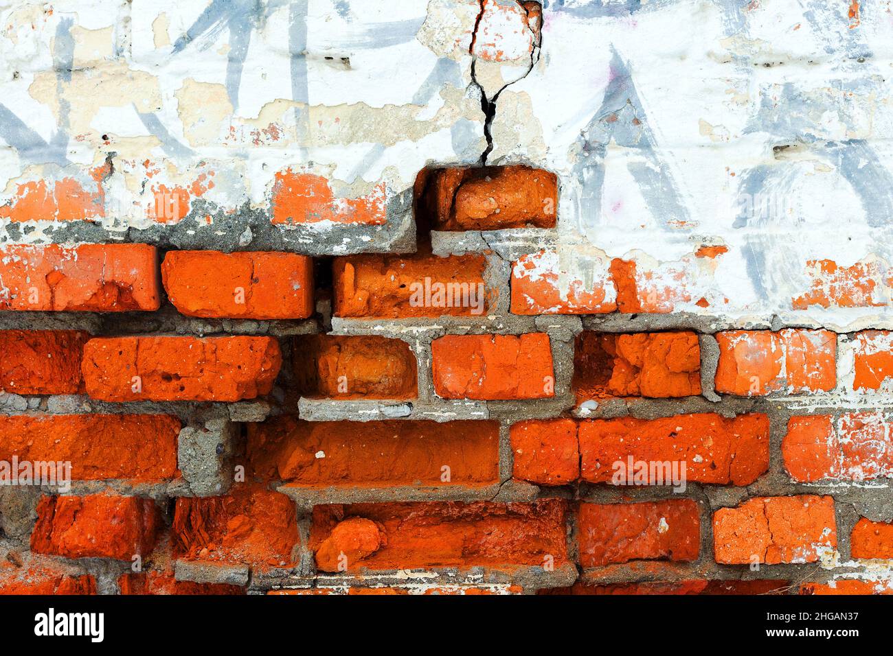 Abstract background old white brick wall with cracks and scratches ...