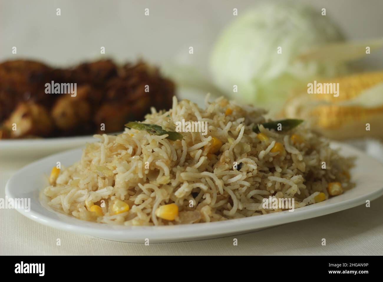 Cabbage corn fried rice. A tasty rice dish with sauteed cabbage and