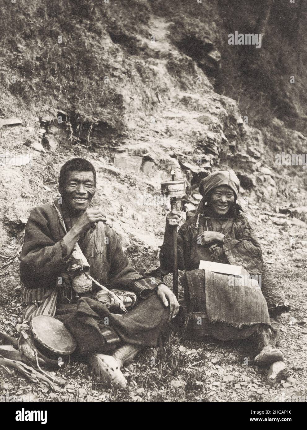 Vintage early 20th century photograph: Thibetan, Tibetan,  priest and wife, India Stock Photo