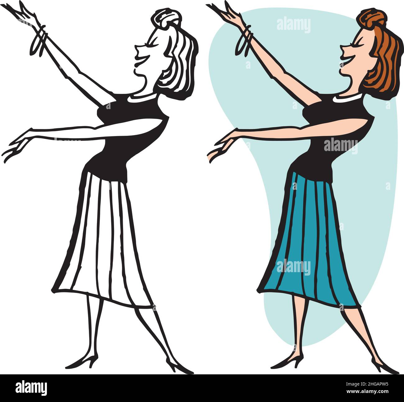 A vintage retro cartoon of a woman presenting something to the left. Stock Vector