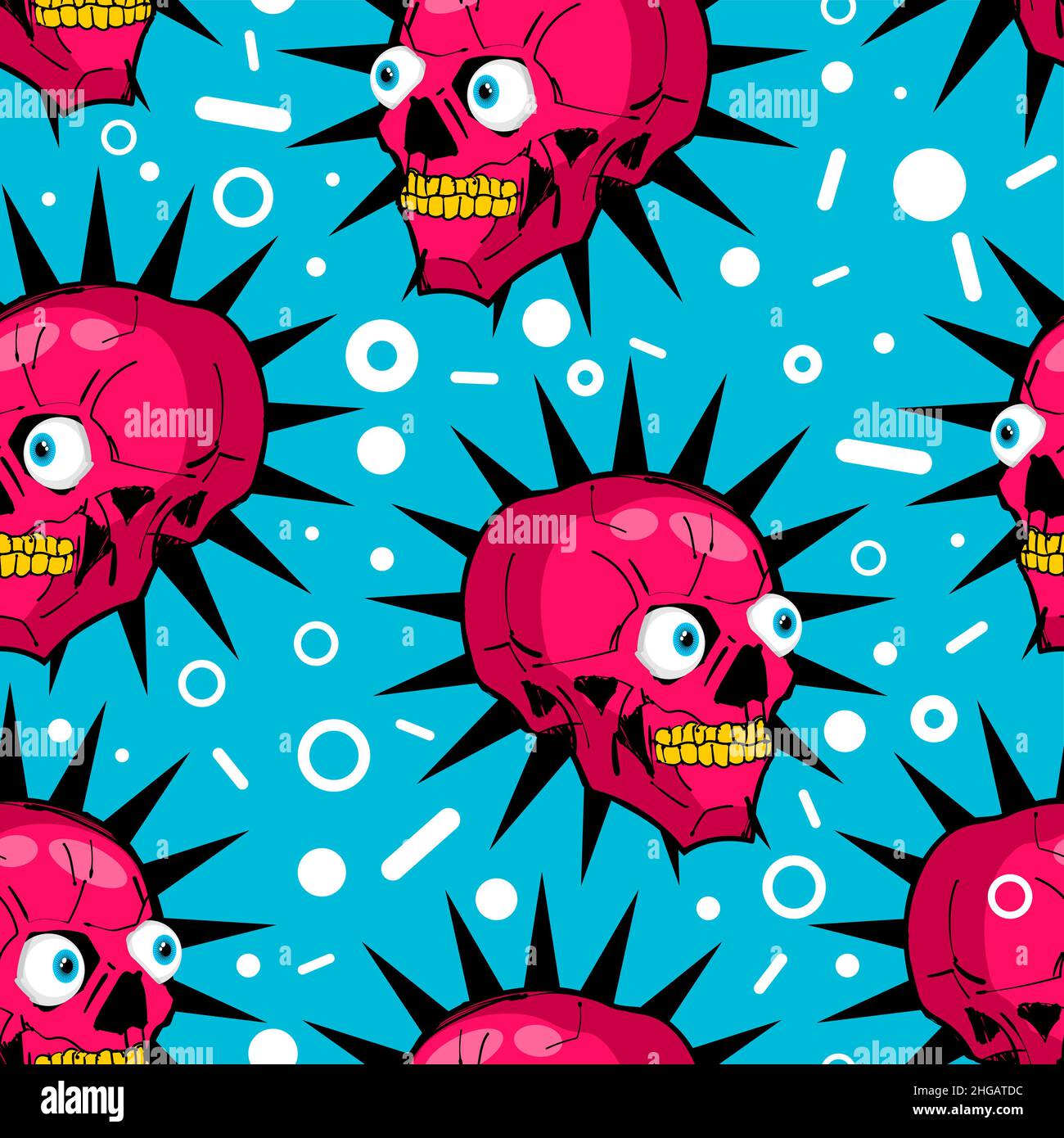 Skull cartoon pattern seamless. Crazy skeleton head sketch hand drawing background. Vector texture Stock Vector
