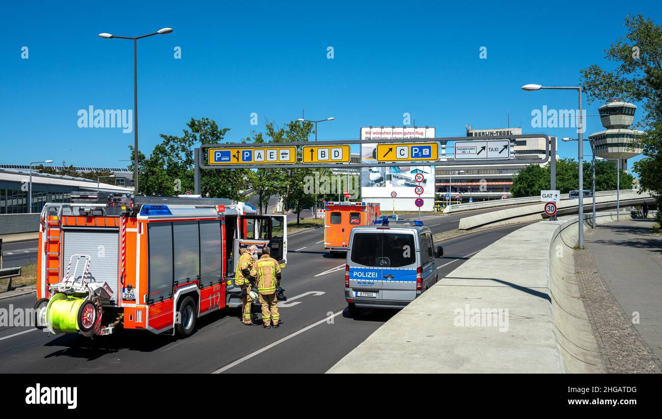 Fire brigade and police operation at the airport, Berlin, Germany Stock Photo