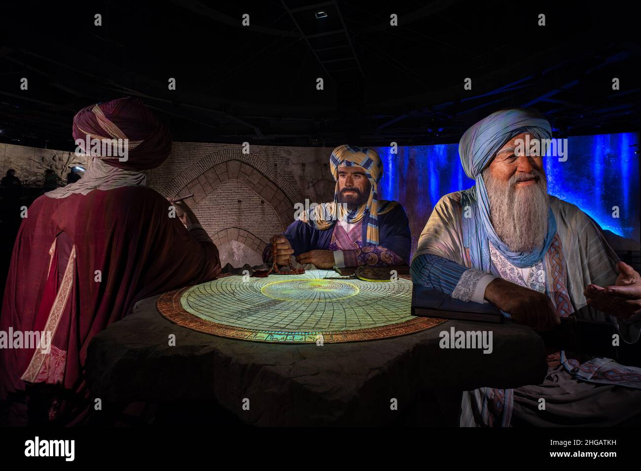 Giant lifelike Turkish style wax figures wearing turban and traditional