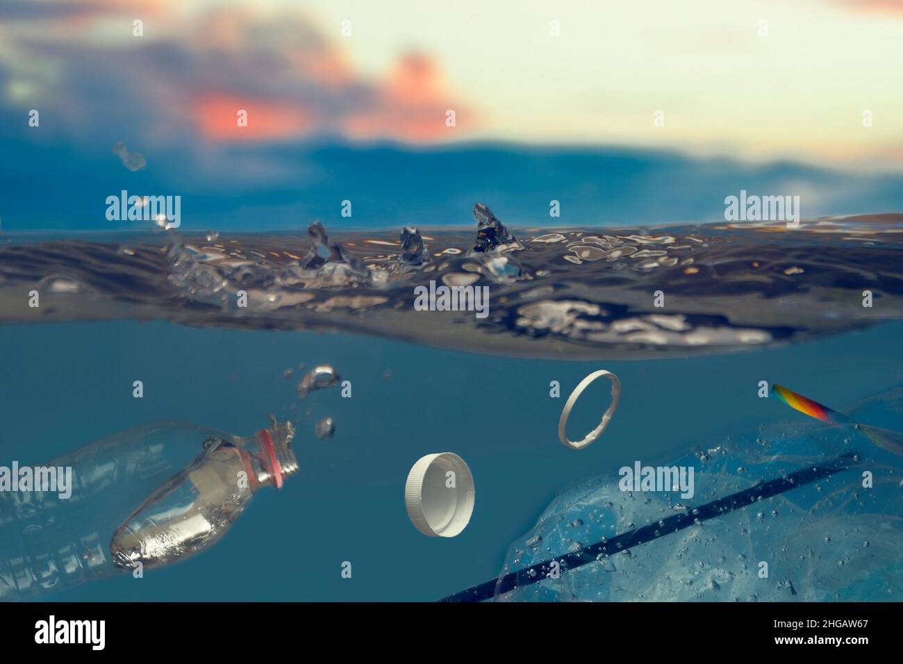 Environmental pollution. Ecology. A plastic bottle, bag, plastic caps