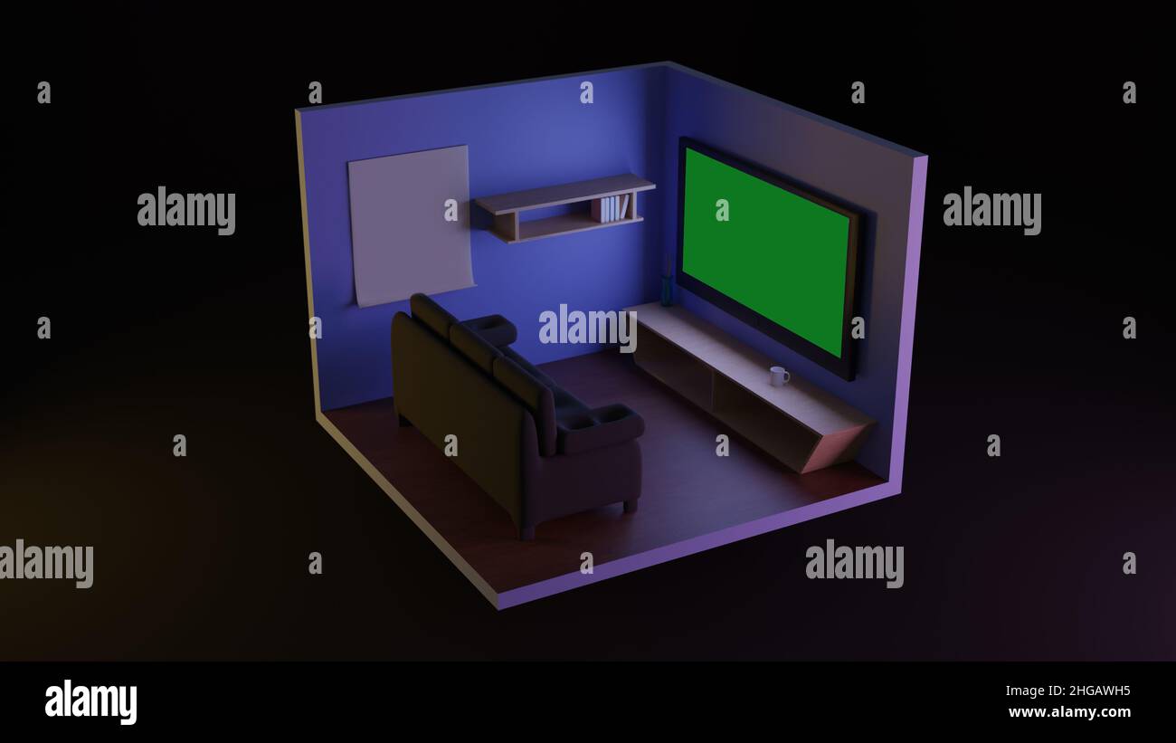 Room, room with table, green screen TV, bookshelf poster. Room
