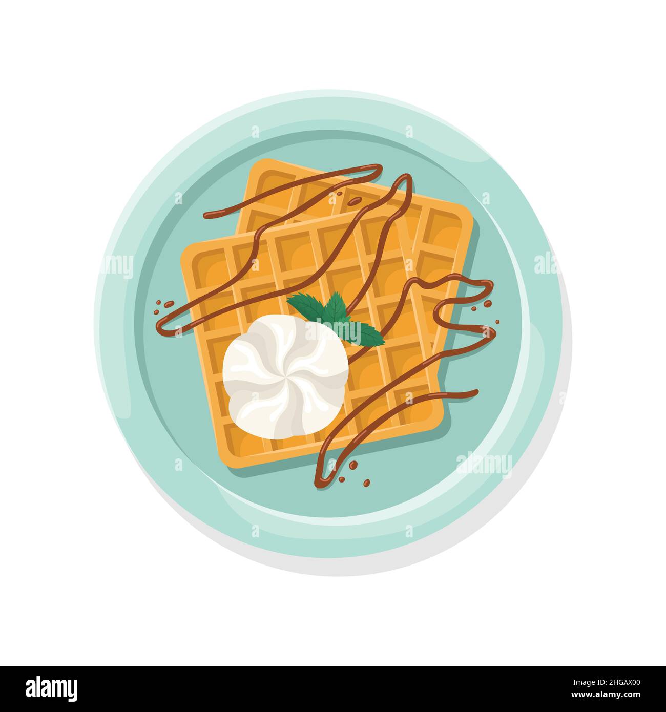 Vector illustration of a Belgian waffle with whipped cream and chocolate sauce. Stock Vector