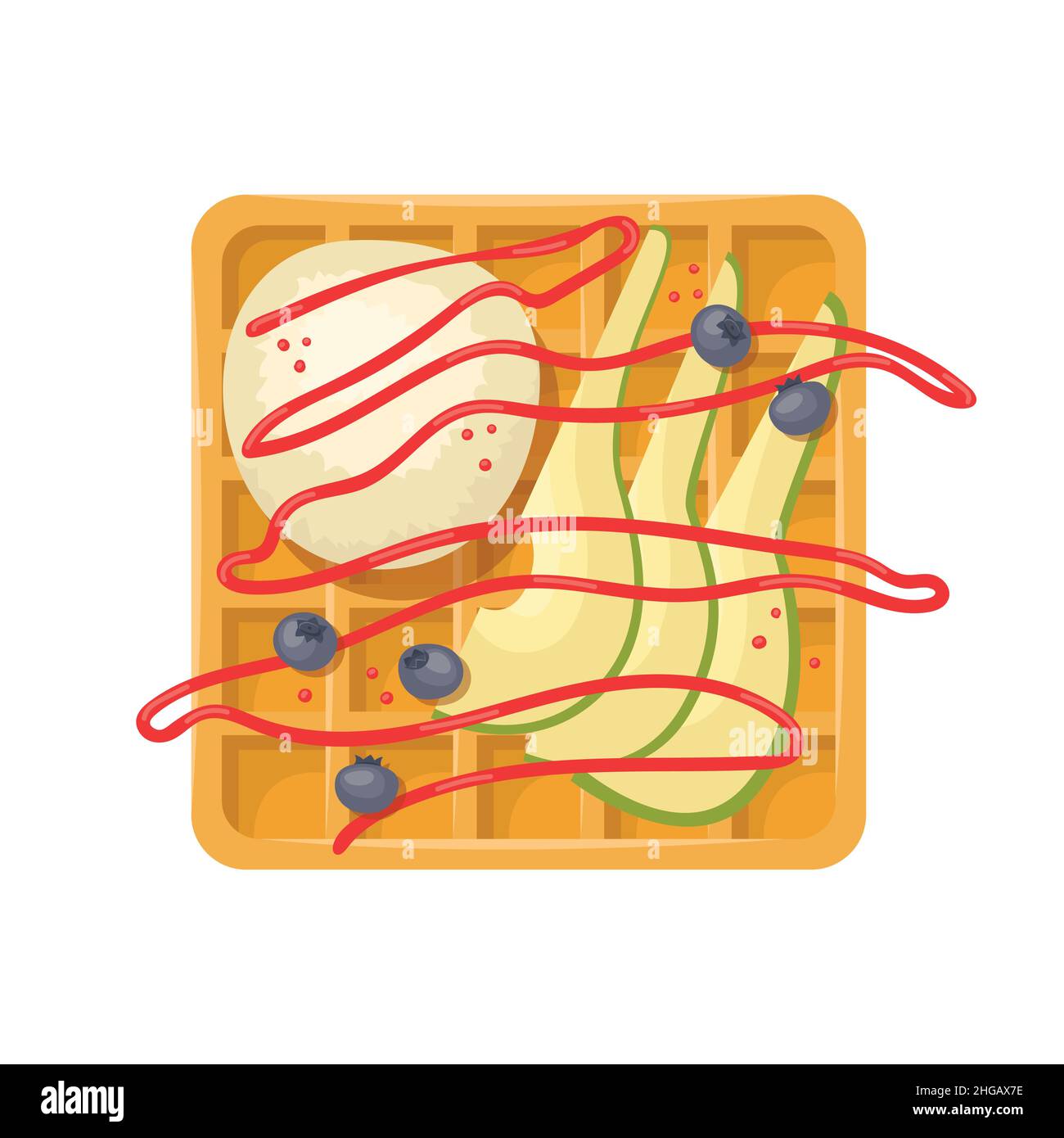 Vector illustration of a Belgian waffle with a ball of ice cream, pears ...