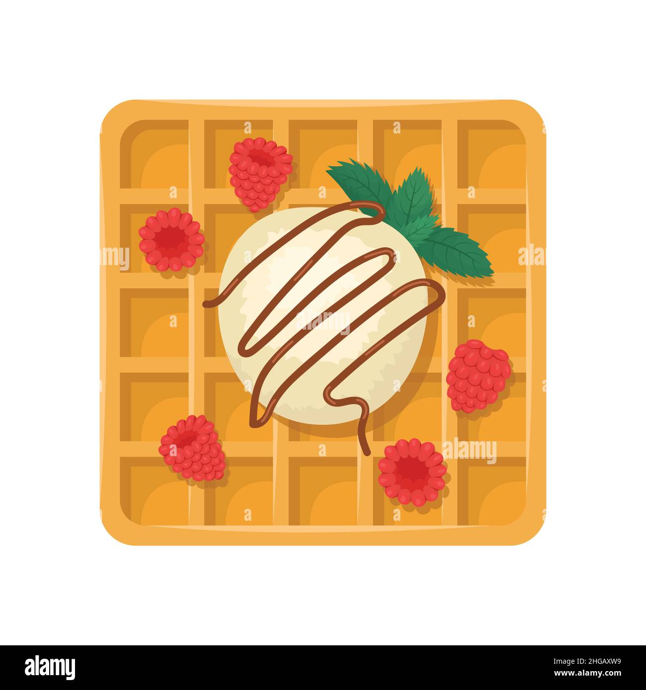 Vector illustration of a Belgian waffle with a ball of ice cream, raspberries and chocolate sauce. Stock Vector