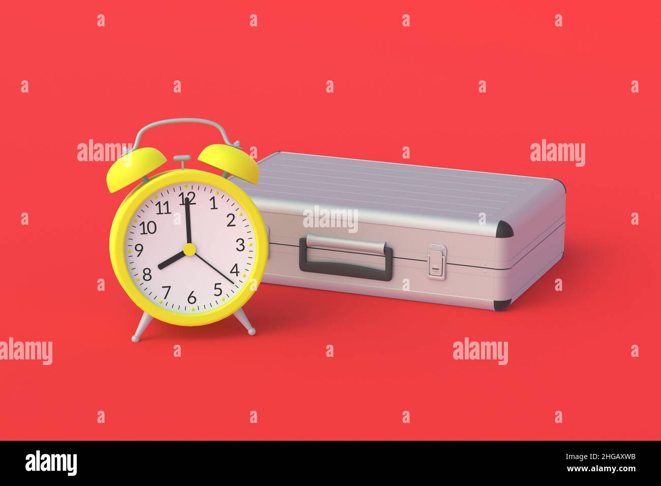 Metal suitcase near vintage alarm clock. Work schedule in the office