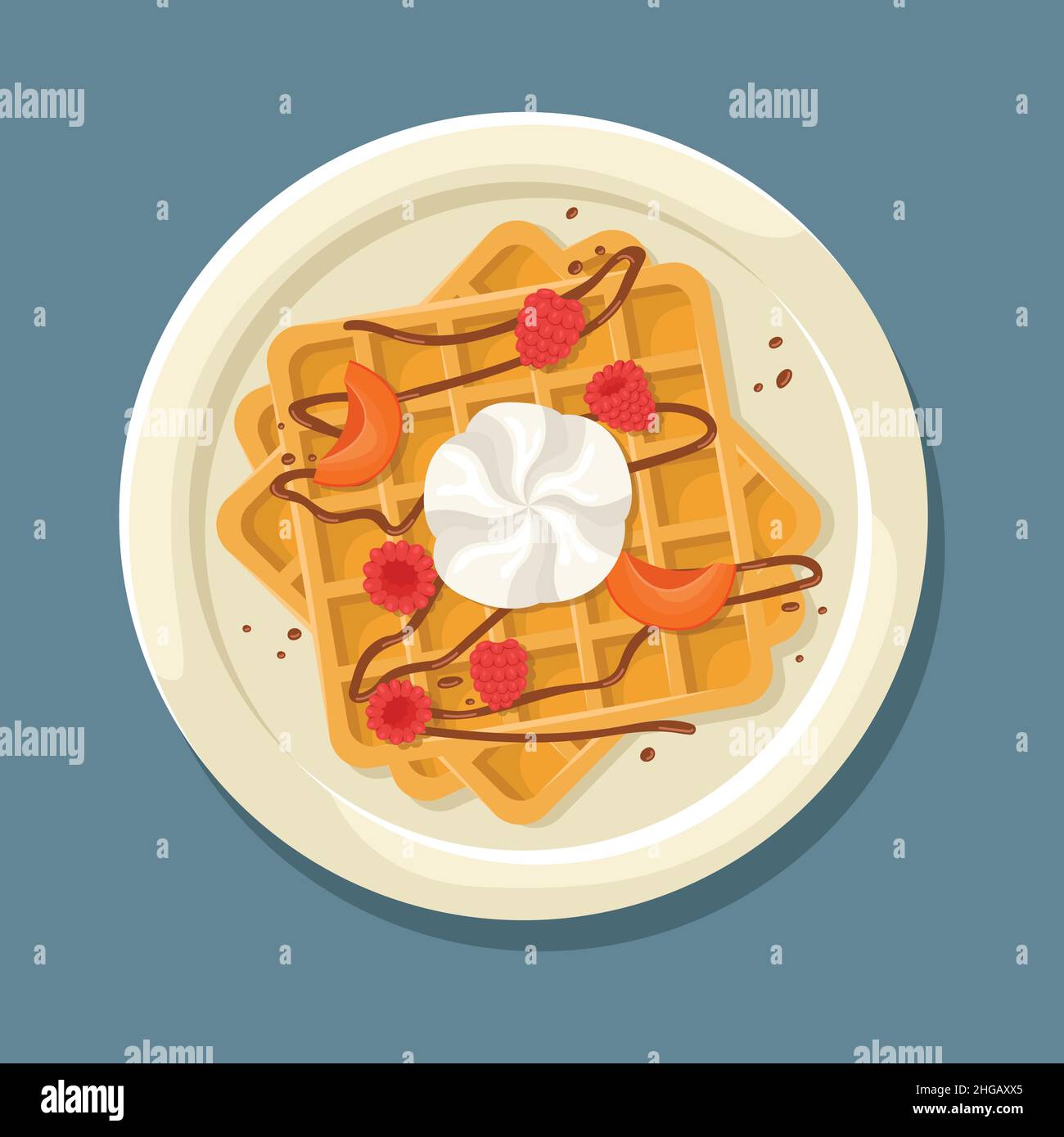 Vector illustration of a Belgian waffle with a ball of ice cream, apricot, raspberry and chocolate sauce. Stock Vector