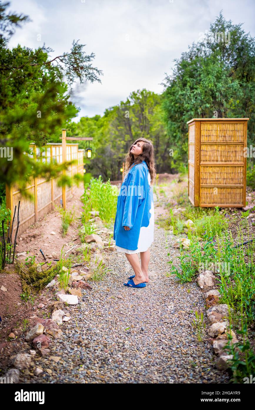 Japan onsen spa and young woman woman in blue and white kimono robe in